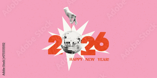 2026 New year art collage greeting banner template. Halftone hand holding shiny disco ball and cut out crumpled paper red numbers isolated on pink grainy background. Modern retro vector illustration
