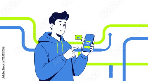 Modern Man Using App To Order Ride Service With Futuristic Background Design