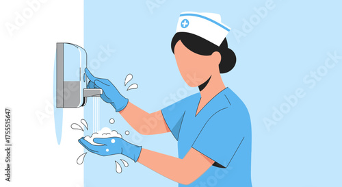 Nurse Sanitizing Hands With Soap Dispenser For Hygiene and Protection Against Illness, Illustration