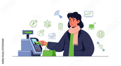 Modern Transaction Illustrative Depicting Credit Card Payment, Digital Payment, And Shopping