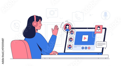 Modern Woman On Video Call: Connecting Remotely Via Laptop, Greeting And Interacting Online