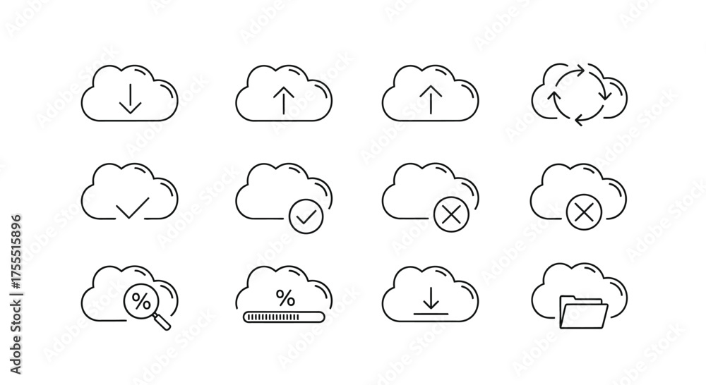 Fototapeta premium Cloud computing icons set download upload sync error storage search and data management symbols vector