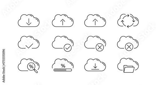 Cloud computing icons set download upload sync error storage search and data management symbols vector