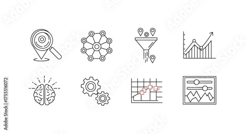 Collection of hand drawn business icons representing strategy analytics marketing and development concepts vector