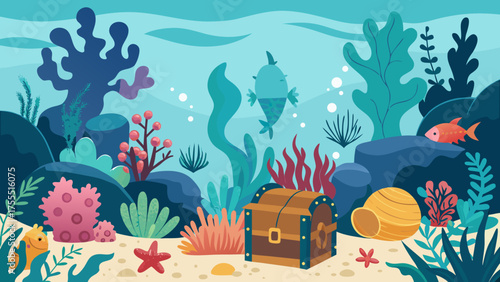 Vector art of underwater world with treasure chest, seaweed, coral, and fish in cartoon style