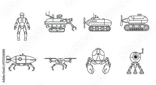 Collection of diverse robotic mechanisms and machines offering futuristic mechanical solutions vector
