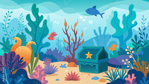 Vector art of underwater world with treasure chest and coral reef in cartoon style