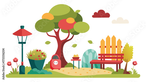 Illustration of a vibrant park scene with bench, tree, and street lamp