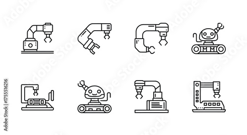 Set of industrial robot arms and automated manufacturing equipment icons vector