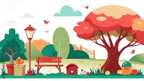 Vector art of a serene park scene with colorful trees and benches