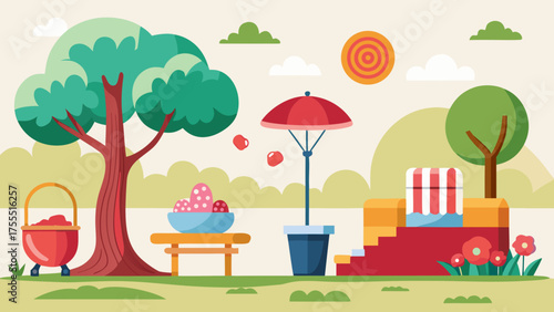 Vector art of colorful illustration of a park with tree, umbrella, and picnic area
