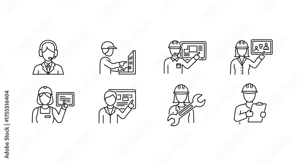 Fototapeta premium Sketched icons of engineers and technicians working with technology and blueprints vector