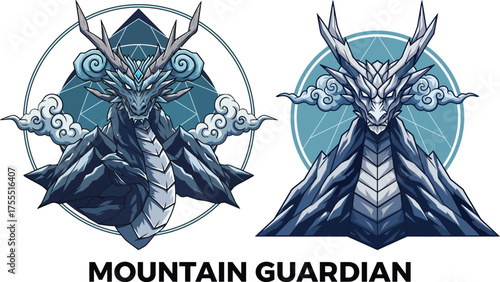Geometric Mountain Dragon Guardian Vector Illustration Sacred Mythical Creature with Cloud Horns Design