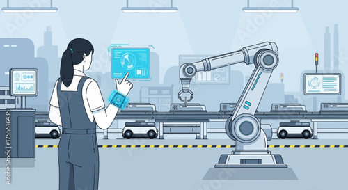 A woman using augmented reality interface to manage industrial automation and robotics in a