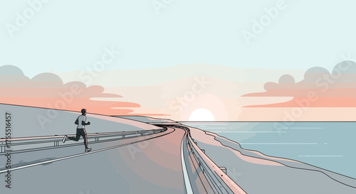A solitary runner finds peace and fitness on a coastal highway at sunrise in vector format