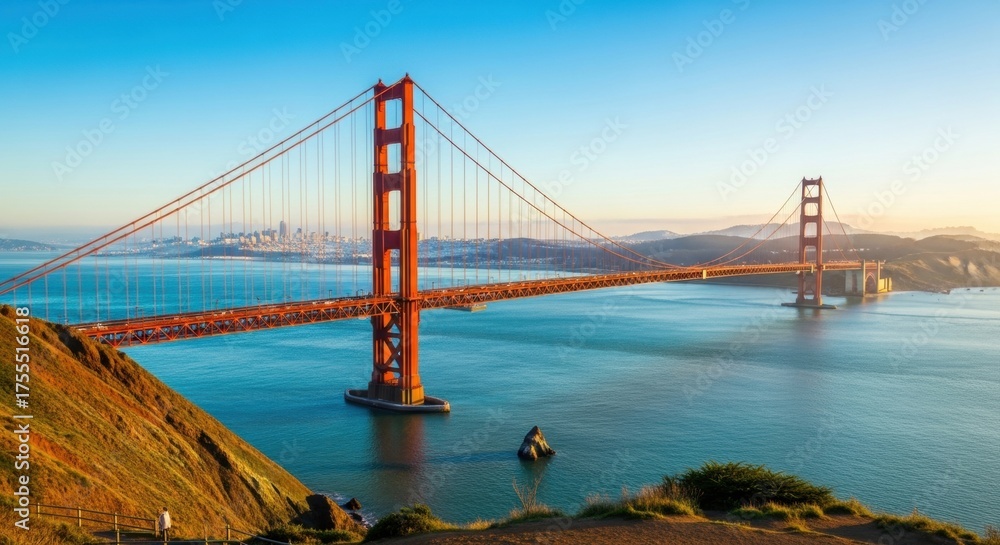 Fototapeta premium Golden Gate Bridge at Dawn: San Francisco's Iconic Landmark in Golden Light