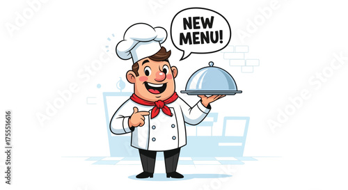 Cartoon Chef Announcing New Menu Holding Covered Platter in Restaurant Kitchen