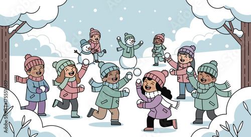 Cartoon illustration of children enjoying a playful snowball fight in a snowy winter scene