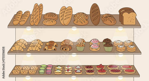 Charming Bakery Display with Freshly Baked Goods in an inviting and delicious setting