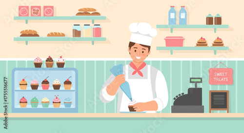 Cheerful baker decorating cupcakes in a cozy bakery shop creating sweet treats for customers