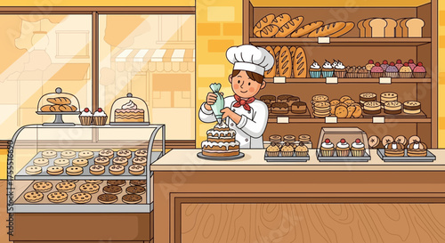 Charming Bakery Scene with a Cheerful Chef Decorating a Cake Cartoon Illustration