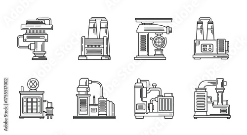 Set of abstract industrial machinery icons representing manufacturing and production processes vector