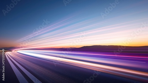 Dynamic Light Trails on Highway During Sunset with Vibrant Colors and Motion Effect