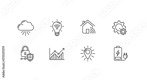 Set of modern technology icons representing cloud computing iot smart home and energy solutions vector