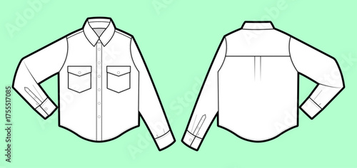 Long-Sleeve Button-Up Shirt – Front & Back Technical Flat Sketch with Flap Chest Pockets, Back Yoke, and Shaping Darts