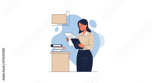 Professional Woman Examining Documents in Office, Analytical and Focused