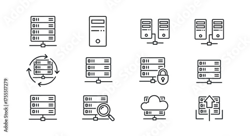 Collection of hand-drawn server rack icons representing data center technology and network security vector