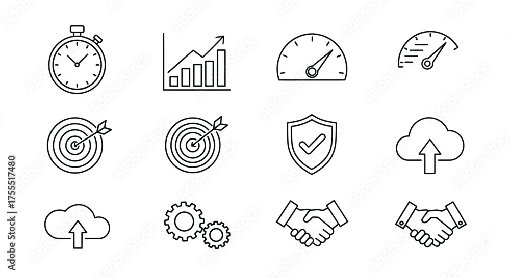 Fototapeta premium Doodle icons representing business growth productivity security technology and collaboration concepts vector