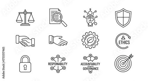 Hand drawn icons representing business law ethics security and success for corporate concepts vector