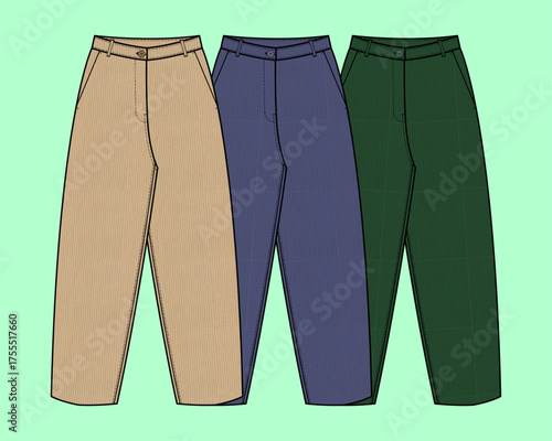 Cord Relaxed-Fit Pants – Color Variations in Beige, Blue, and Dark Green with Button Closure and Side Pockets