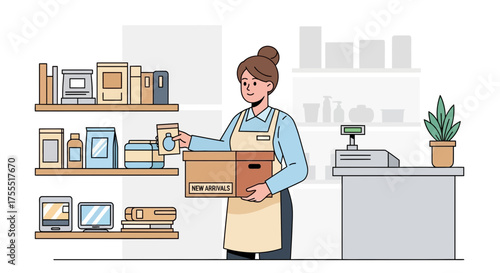 Shopkeeper Organizing New Merchandise, Displaying Products, And Fresh Inventory For Sale