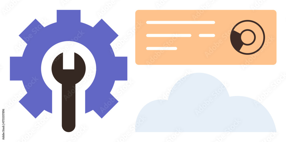 Fototapeta premium Gear symbol with wrench, orange data panel with chart, and cloud shape signifying system maintenance, data analytics, cloud computing, software solutions, server management, digital tools, simple