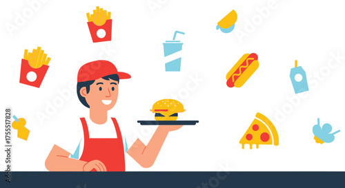Smiling Fast Food Server Presenting A Delicious Burger And Other Food Items