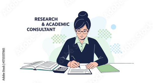 Professional Woman Engaged In Research and Consultation Activities, Detailed Illustration