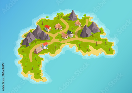 Isometric natural tropical island with mountain