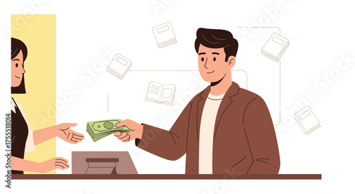Purchasing Books: A Modern Transaction Depicting Money Transfer And Buying Process