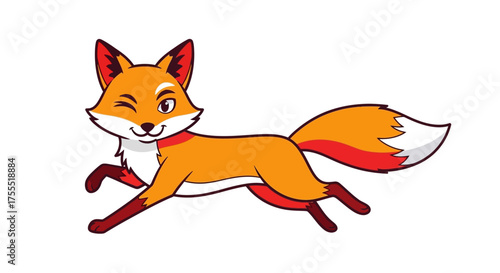 Cartoon fox winking and running with orange fur and white details on a white background illustration