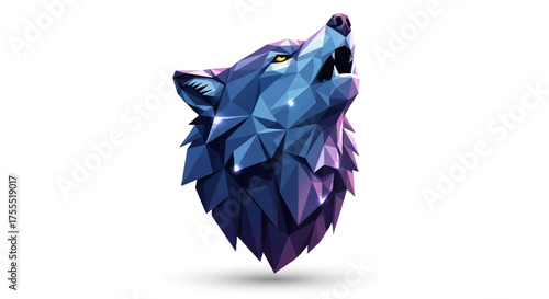 Geometric wolf head with polygonal design in shades of blue and purple on a white background