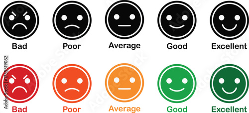 Set of 5 Colorful Rating Emoji Icons, Customer Review and Satisfaction Symbols with Bad Poor Average Good Excellent Labels on White Background