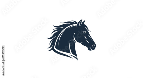 A stylized dark blue horse head with flowing mane on a white background in a graphic design style