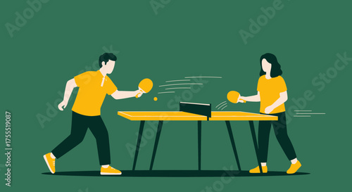 Table Tennis Duo: Sport Silhouette Against a Textured Green Backdrop for Design