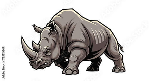 Illustration of a gray rhinoceros with two horns standing on a white background in cartoon style