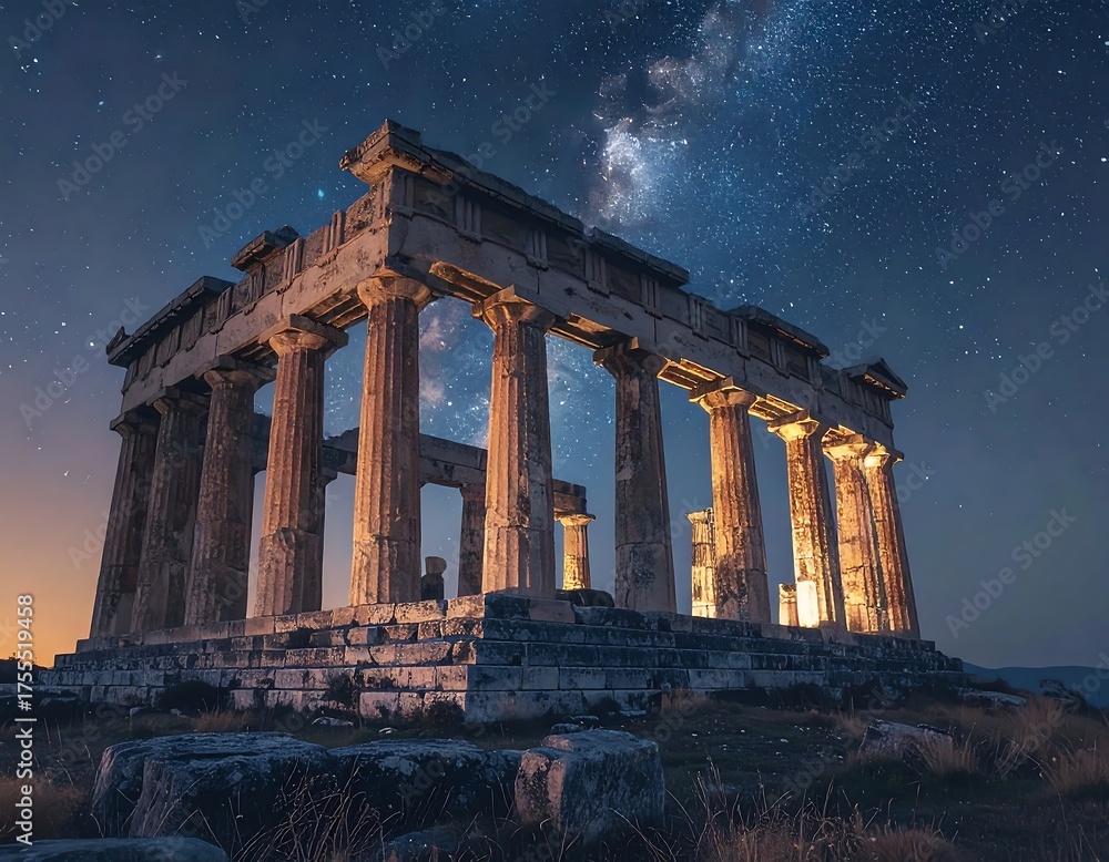 Obraz premium Ancient stone temple ruins with tall columns stand proudly beneath a vibrant, star-filled night sky