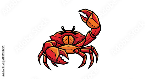 A cartoon crab with red and orange polygonal design on a white background raising its claw up high