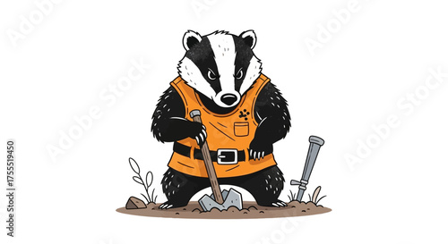 A cartoon badger in an orange vest digging with a shovel on a white isolated background