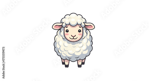 A cartoon sheep with white wool and pink ears standing on a white background facing forward